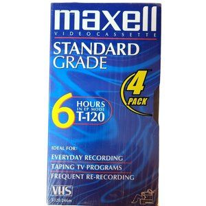Maxell Standard VHS Video Cassette Tapes 4 Pack 6 Hrs EP Mode T-120